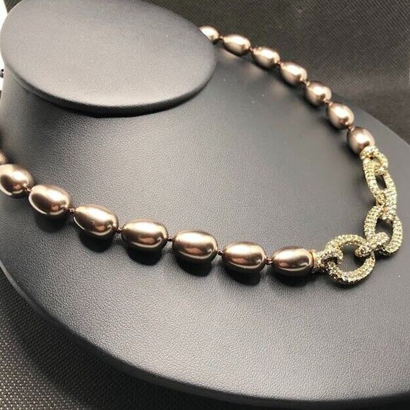Monet Faux Pearl Necklace Taupe Brown Rhinestone Covered Links Vtg Runway Collar - Picture 5 of 12
